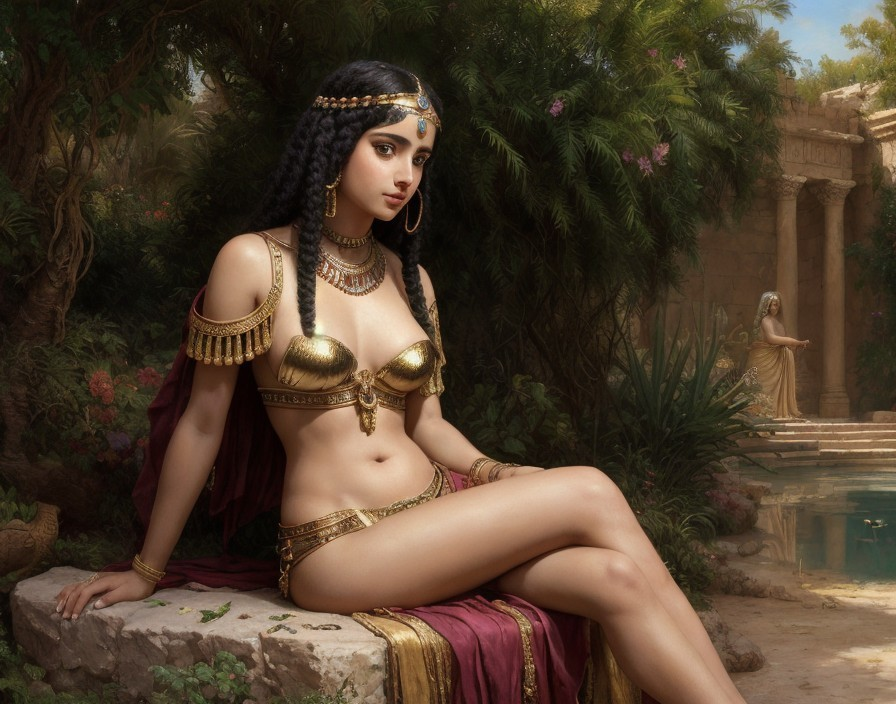 Woman in Exotic Setting with Gold Jewelry and Nature