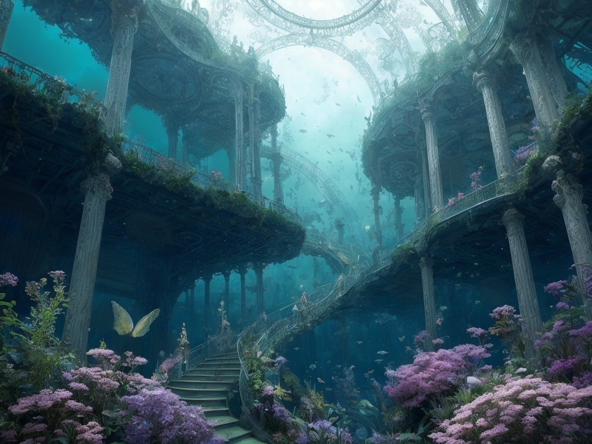 Underwater Scene with Ancient Structure and Marine Life