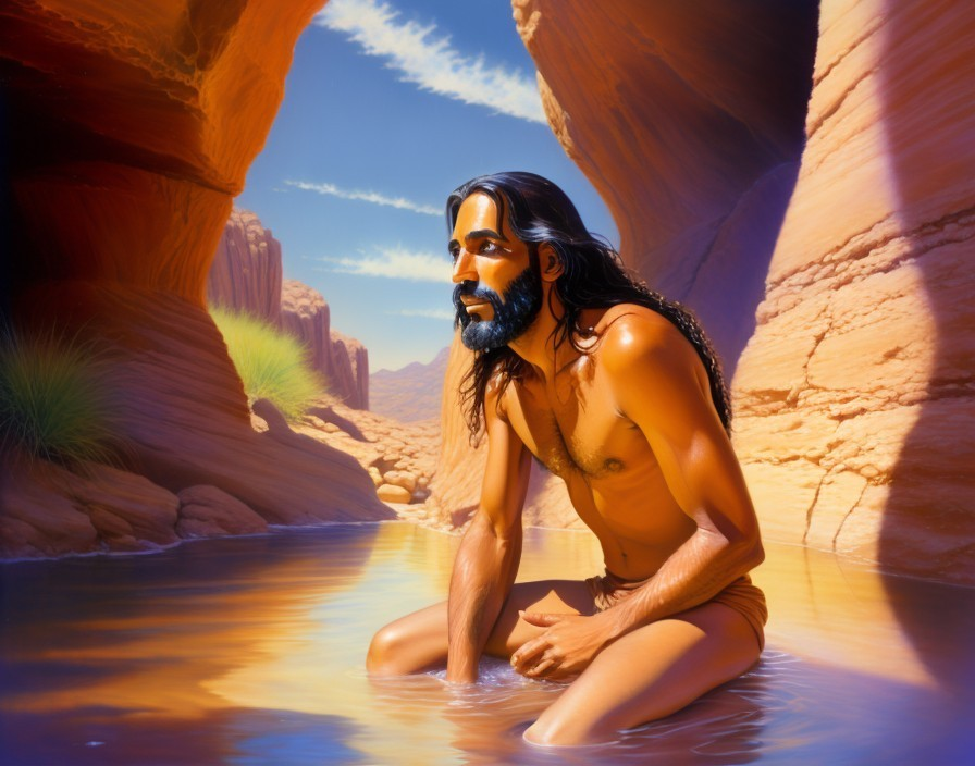 Serene Landscape with Man in Shallow Water and Canyons