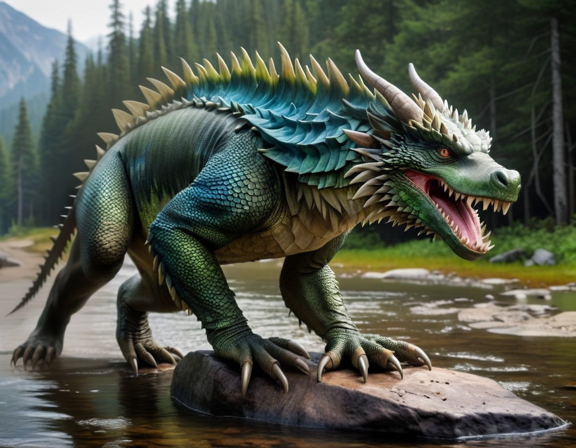 Majestic Dragon-Like Creature in Forest Stream
