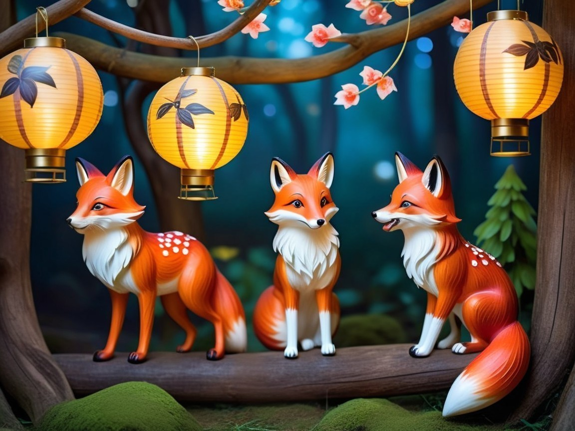 Three Detailed Fox Figurines Under Cherry Blossom Lanterns