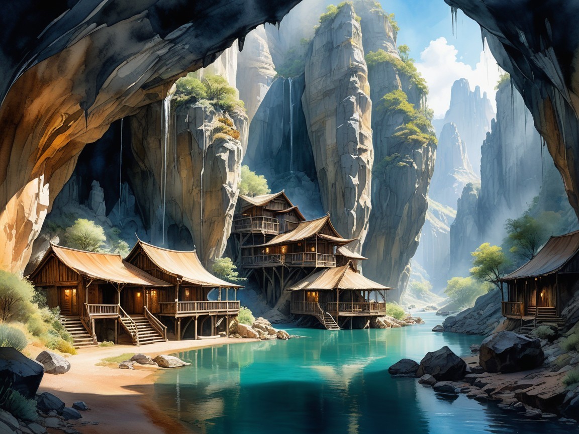 Picturesque Wooden Houses by a Tranquil River