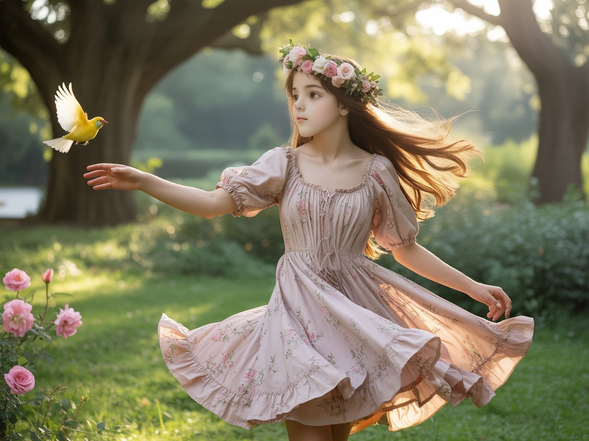 Young girl in pink dress twirls in a lush garden