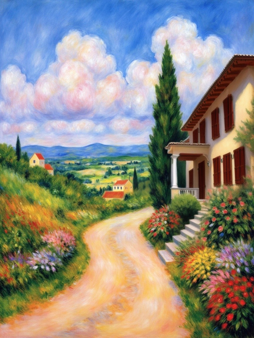 Vibrant Landscape with Winding Road and House