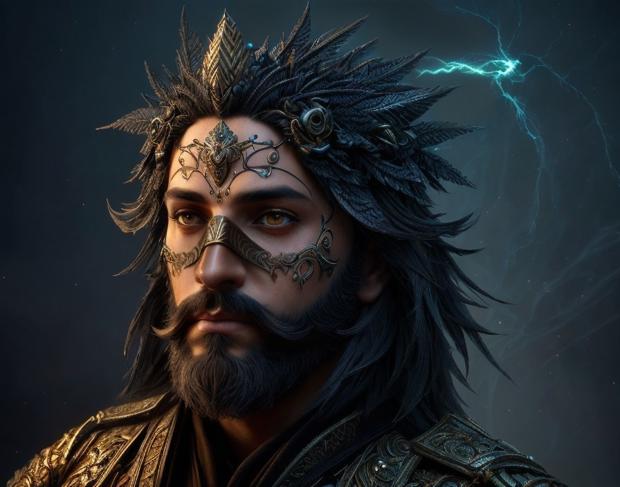 Regal figure with jewelry and mystical lighting effects