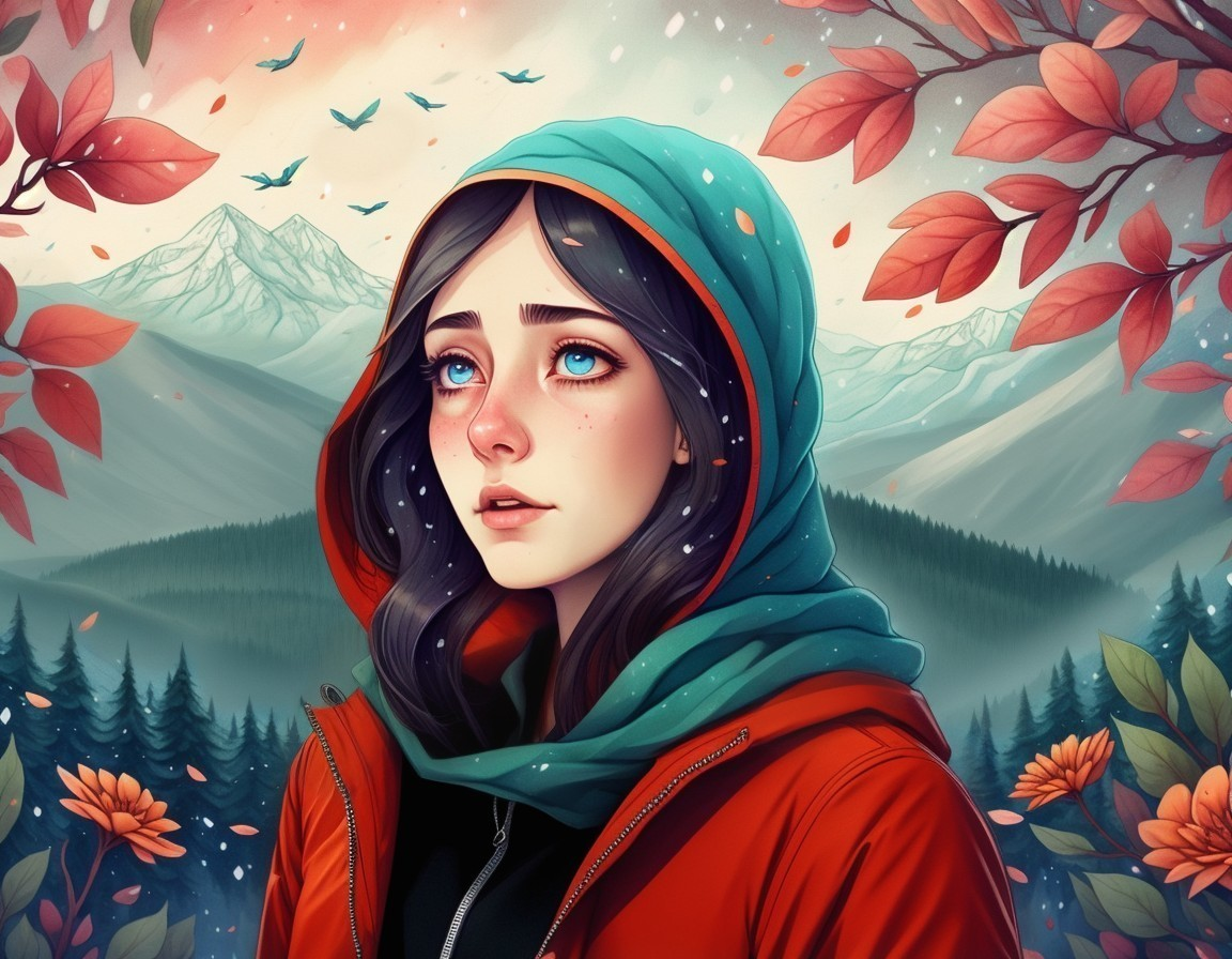 Young woman in vibrant attire amidst autumn scenery