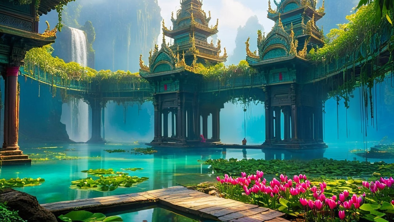 Mystical Landscape with Intricate Structures and Waterfall