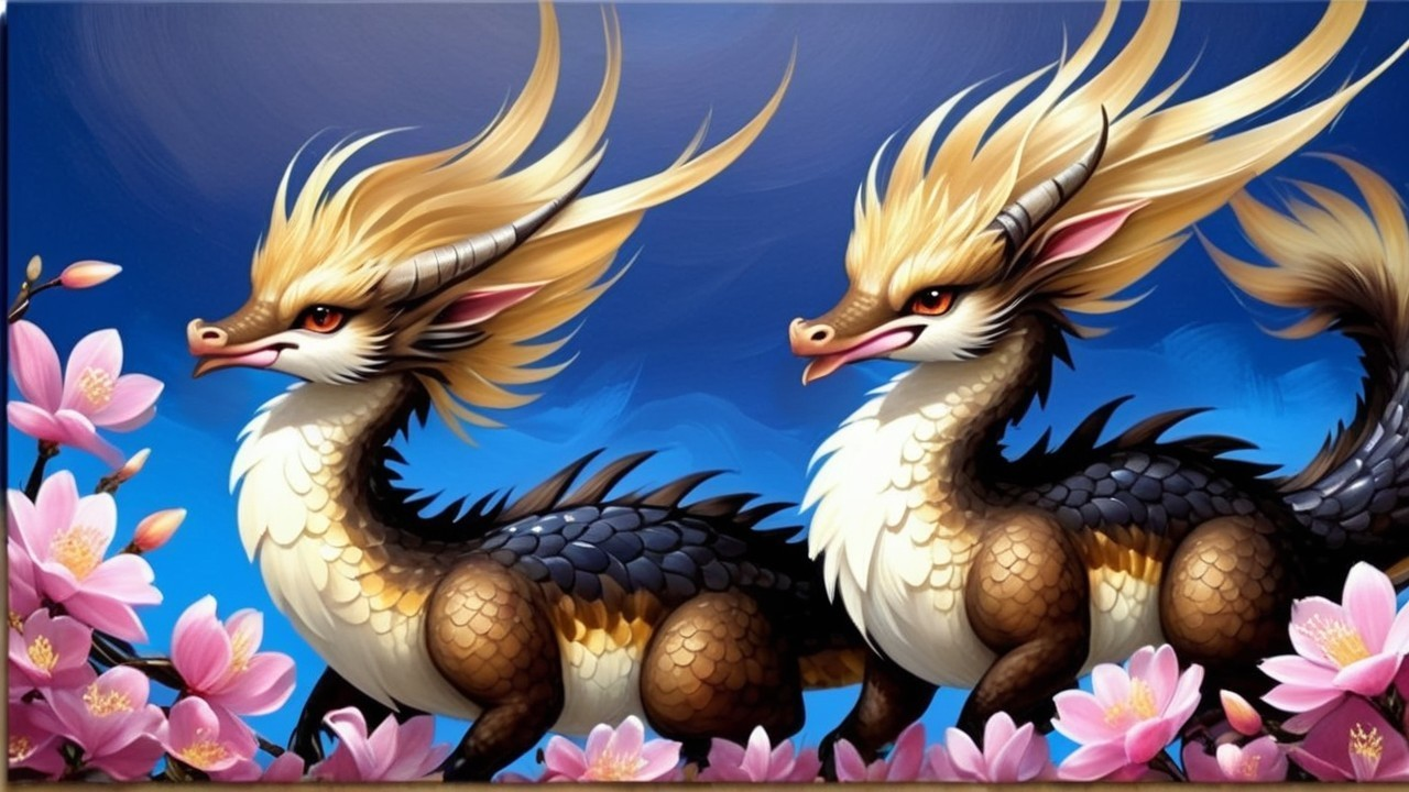 Dragons with Golden Manes in Cherry Blossom Setting