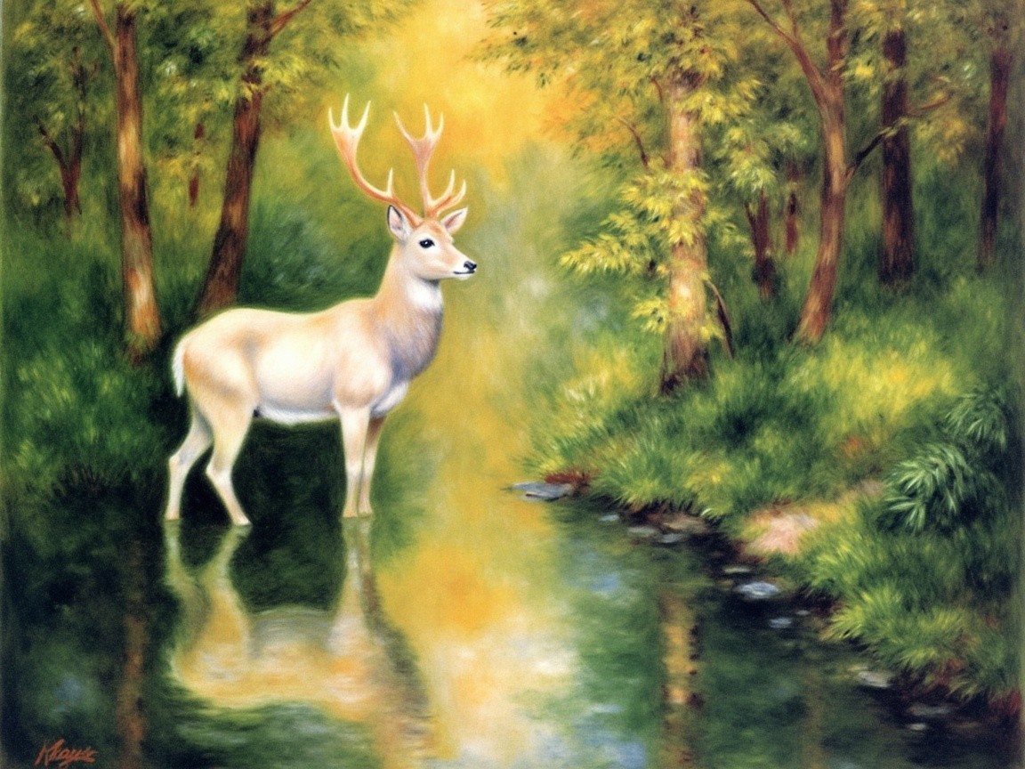 Majestic white deer by a shimmering stream in nature