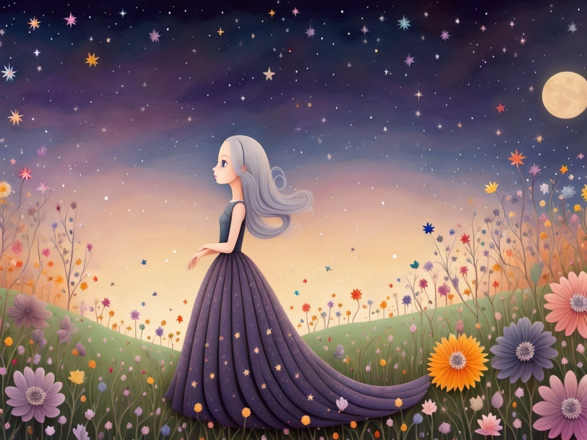 Young girl in silver hair in a vibrant meadow scene
