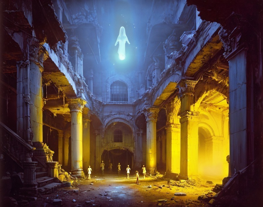 Ethereal Figure in Dilapidated Building with Hazmat Crew