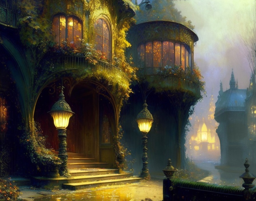 Whimsical House with Glowing Lamps and Lush Foliage