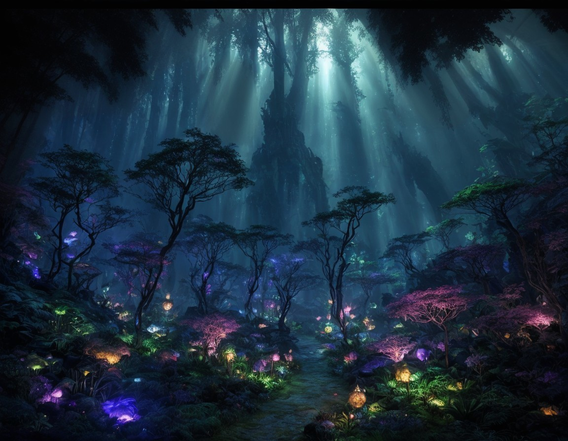 Mystical Forest Scene with Ethereal Light and Colors