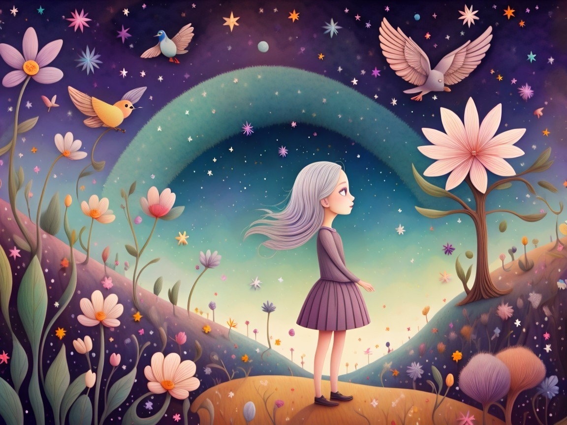 Whimsical Scene of a Girl in a Vibrant Landscape