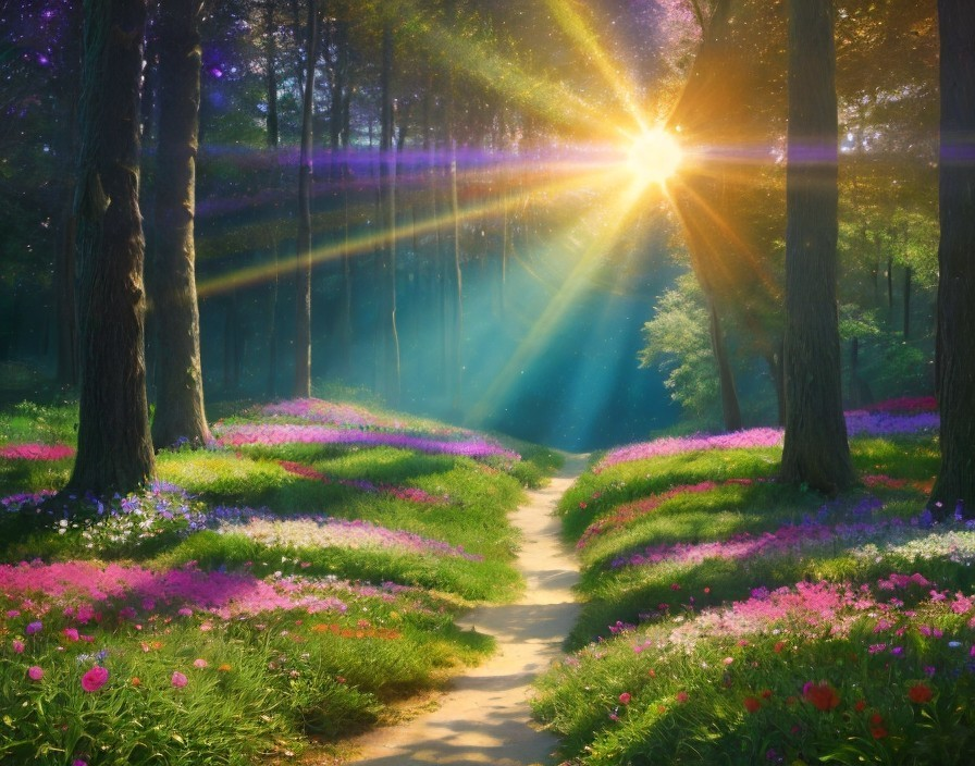 Serene Forest Scene with Vibrant Blooms and Sunlight