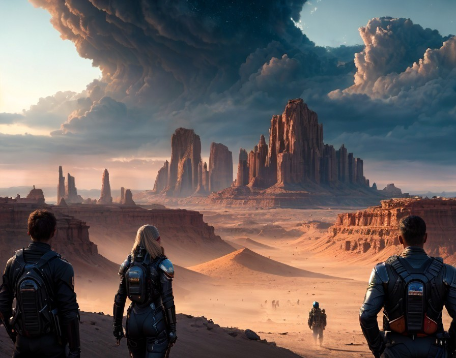 Explorers in Futuristic Suits in Desert Landscape
