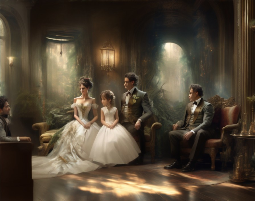 Elegant Bride and Young Girl in Ethereal Setting