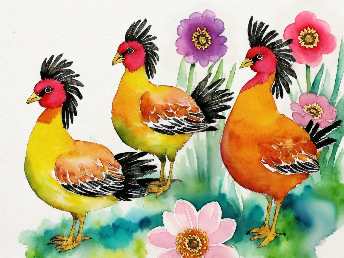 Vibrant Watercolor Chickens in Colorful Garden Scene