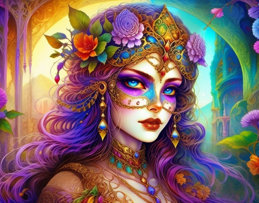 Woman in Golden Jewelry with Vibrant Mask and Flowers