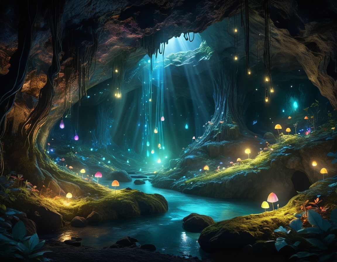 Mystical Cave with Bioluminescent Mushrooms and Light