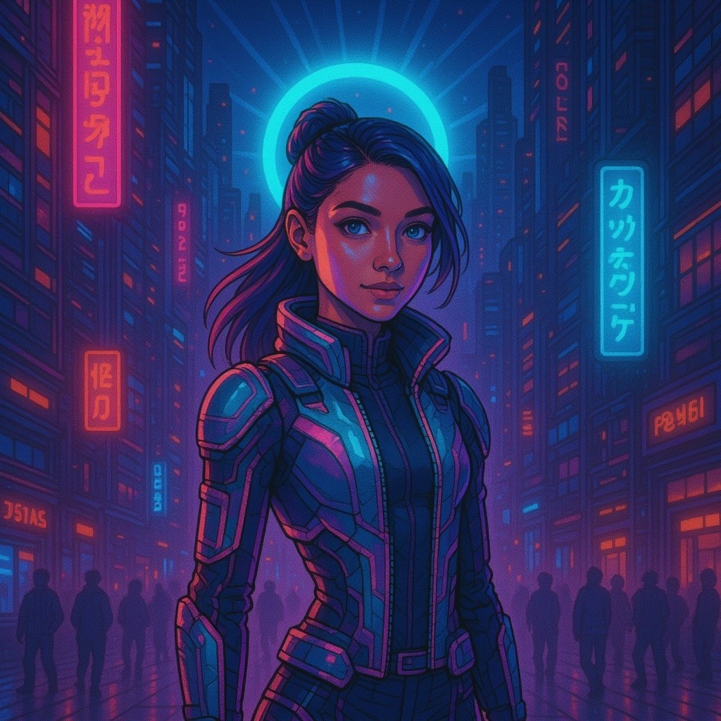 Futuristic cityscape with neon lights and high-tech fashion