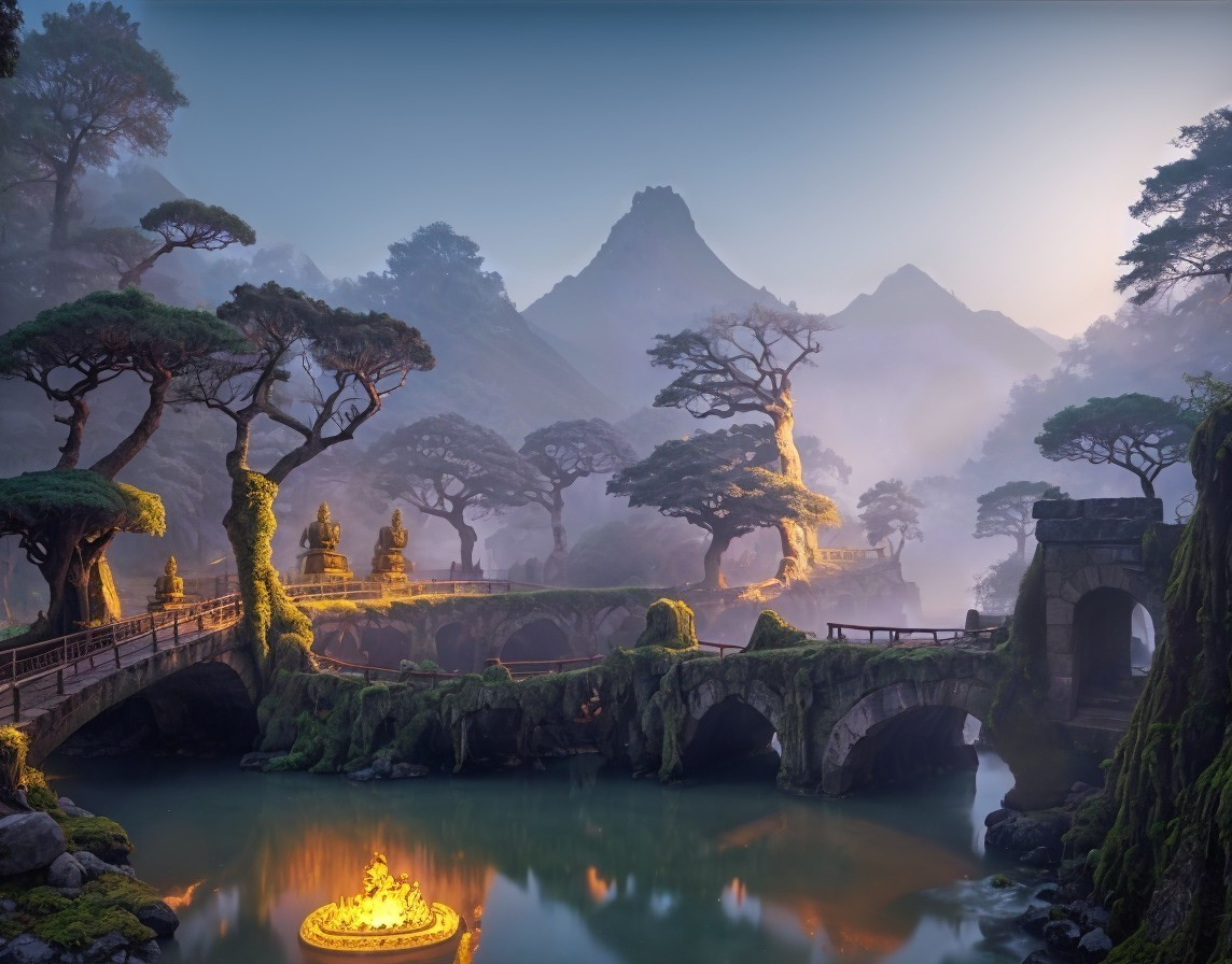 Misty Mountains and Tranquil River in Serene Landscape