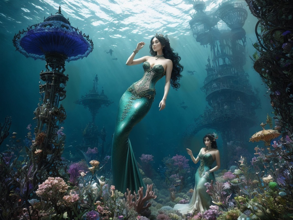 Mermaids in Vibrant Underwater Landscape with Coral