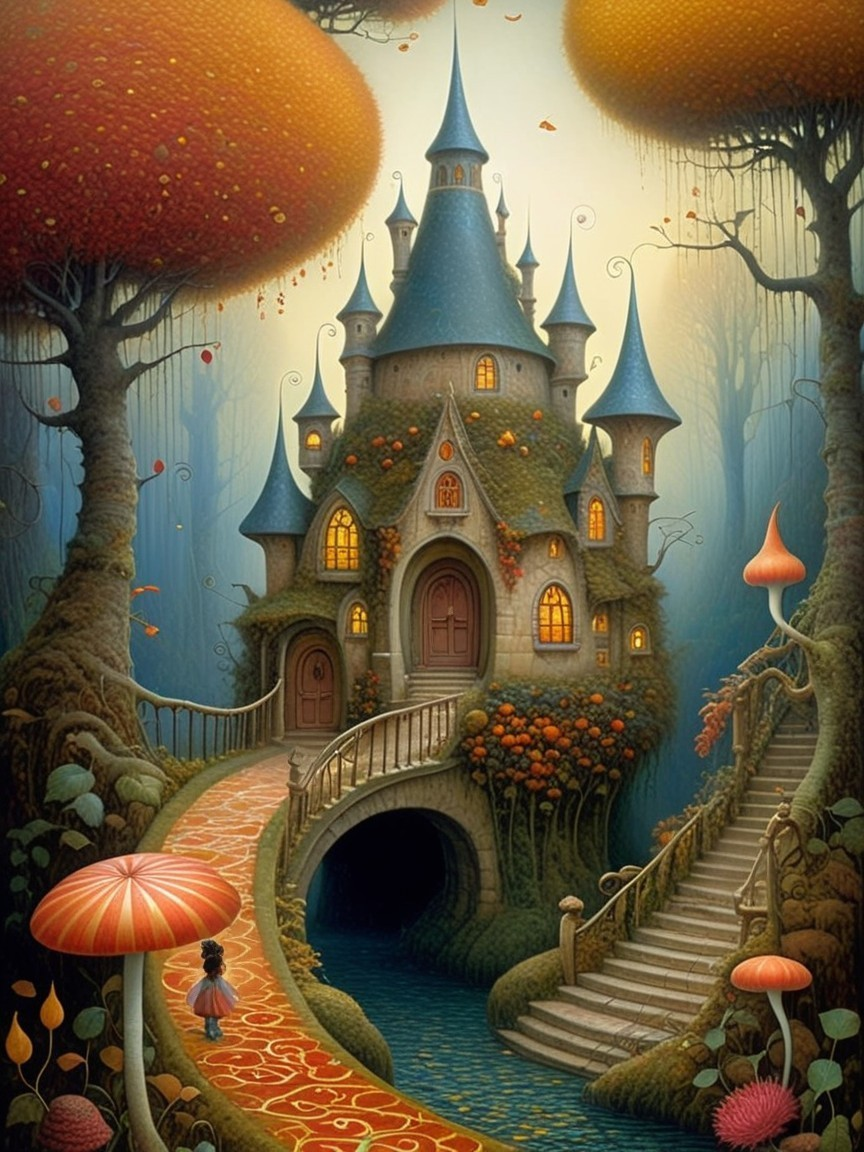 Whimsical Fairy Tale Castle in Misty Forest Setting