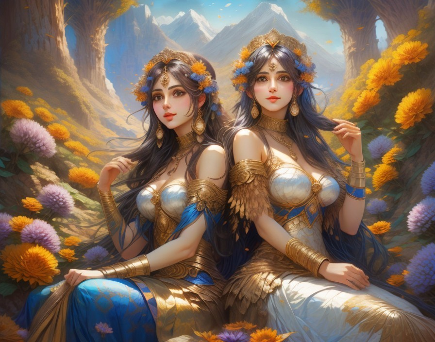 Elegant Figures in Vibrant Floral Mountain Landscape