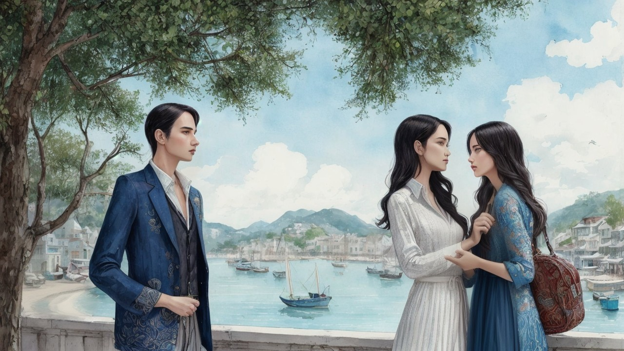Serene Waterfront Scene with Elegant Figures and Mountains