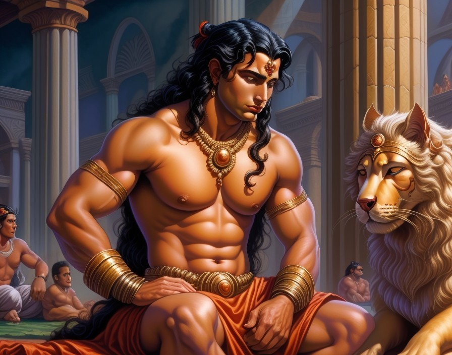 Muscular Figure with Lion and Architectural Columns
