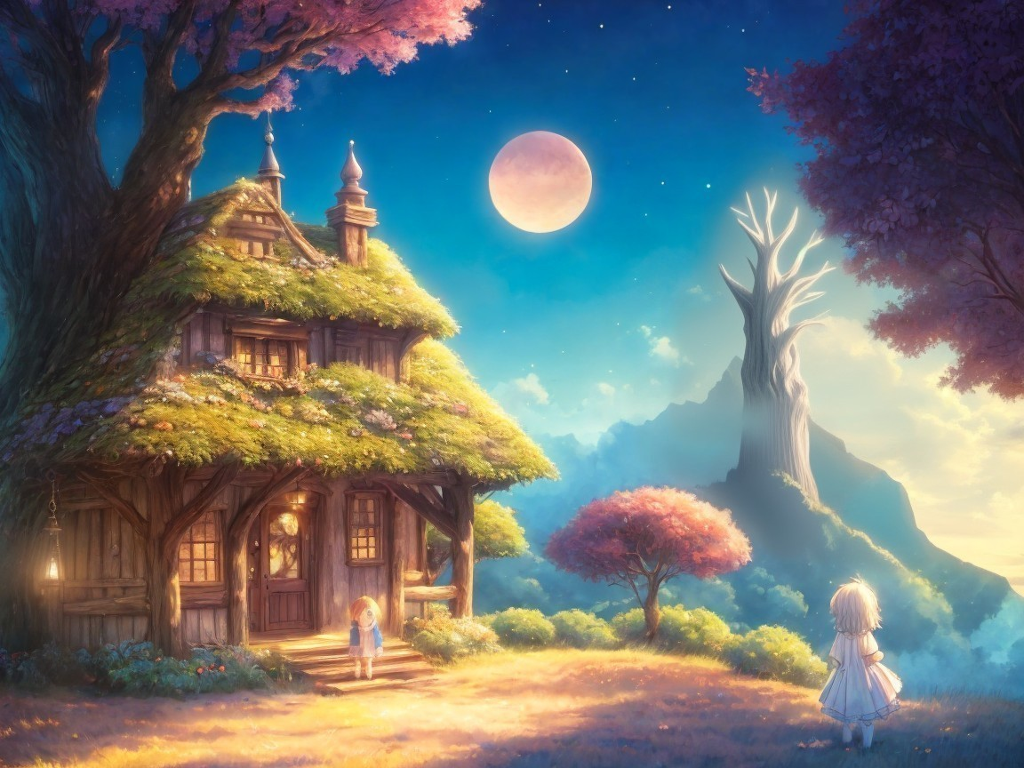 Whimsical Cottage Scene Under Starry Sky