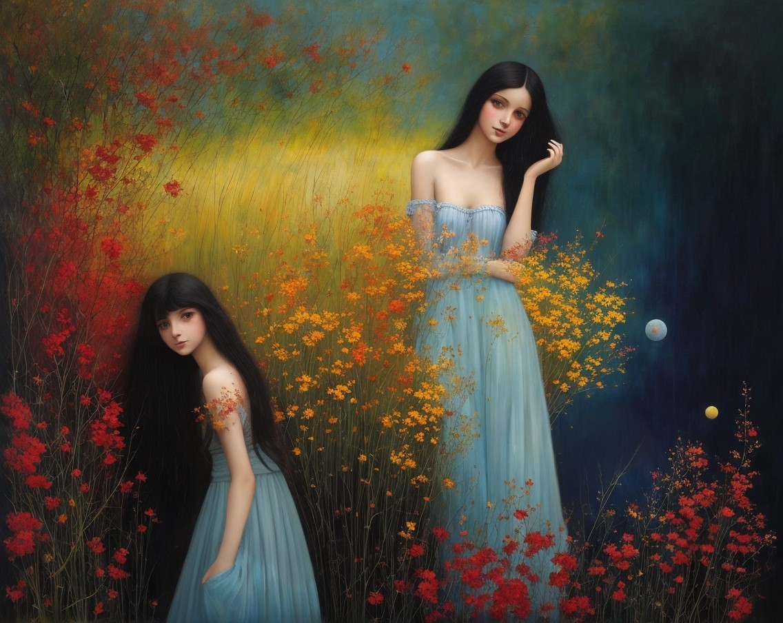 Ethereal Landscape with Women in Flowing Blue Dresses