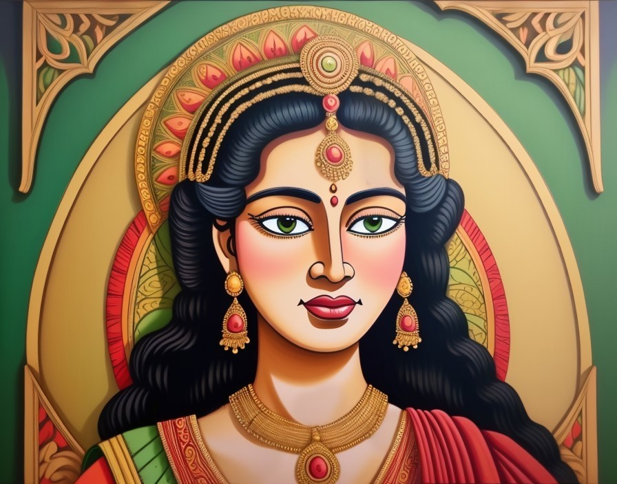 Stylized goddess with flowing black hair and jewelry