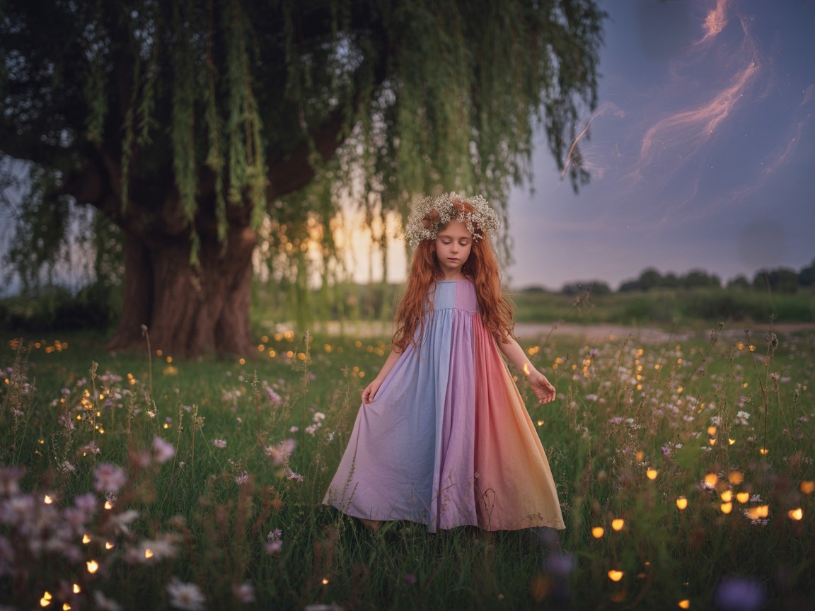 Young girl in pastel dress in flower-filled meadow