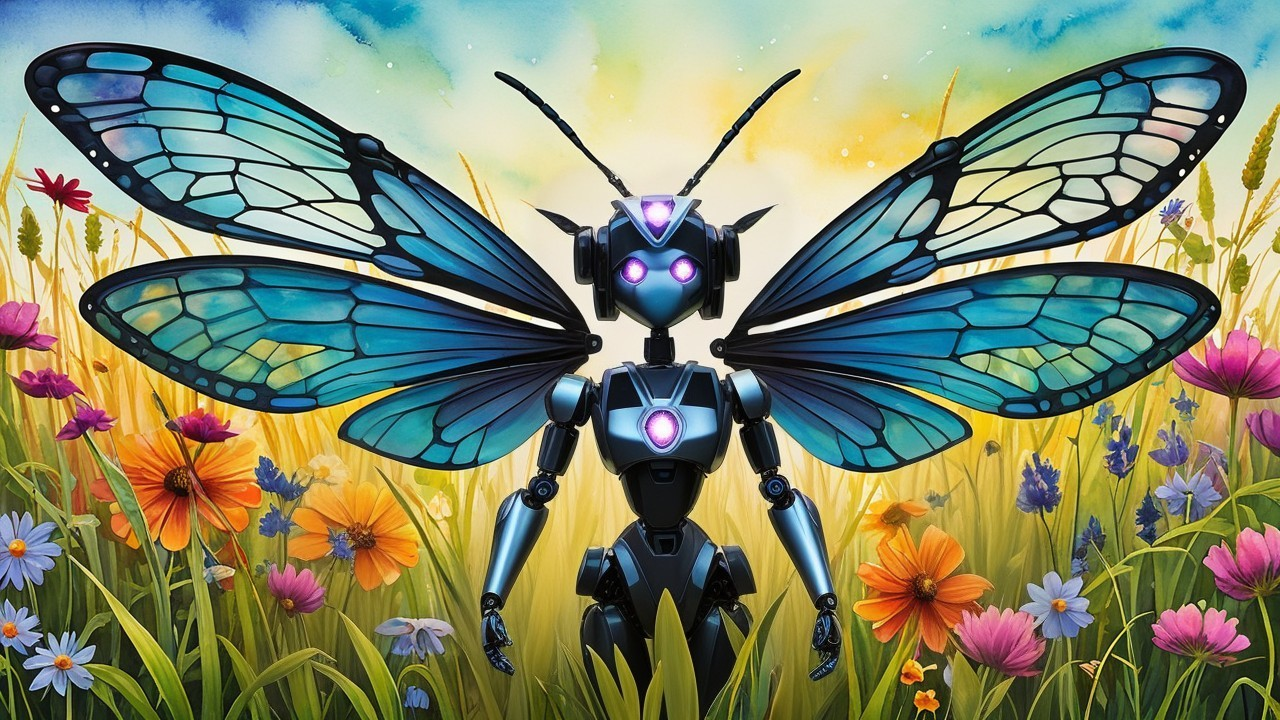 Futuristic Robot with Butterfly Wings in Flower Field