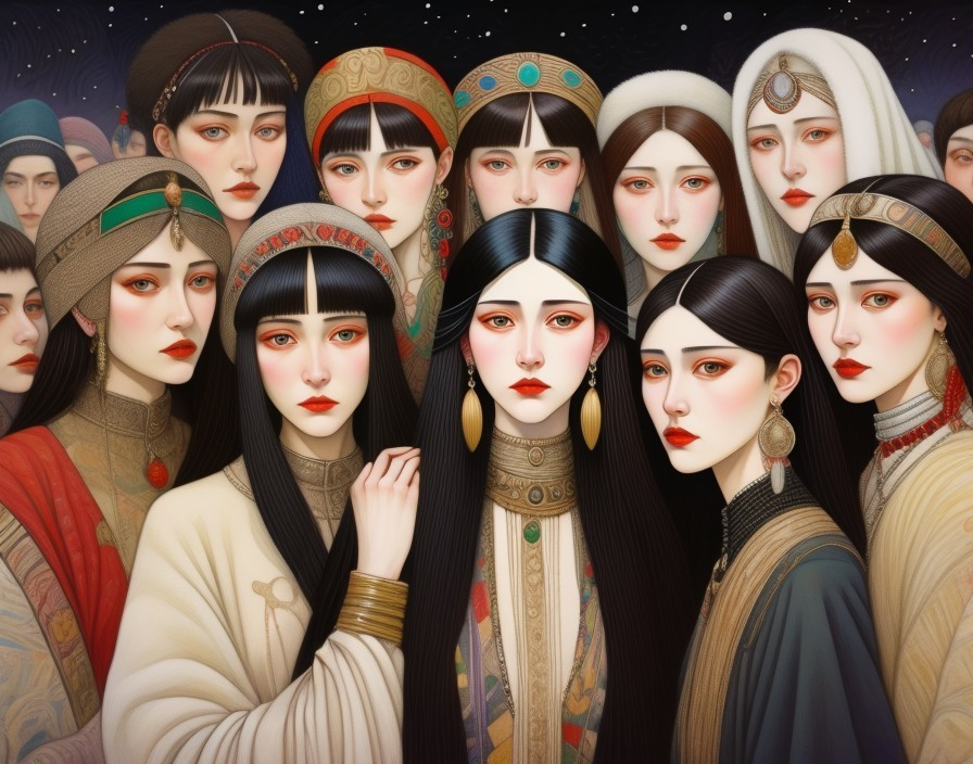 Elegantly Dressed Women with Cultural Headpieces and Jewelry