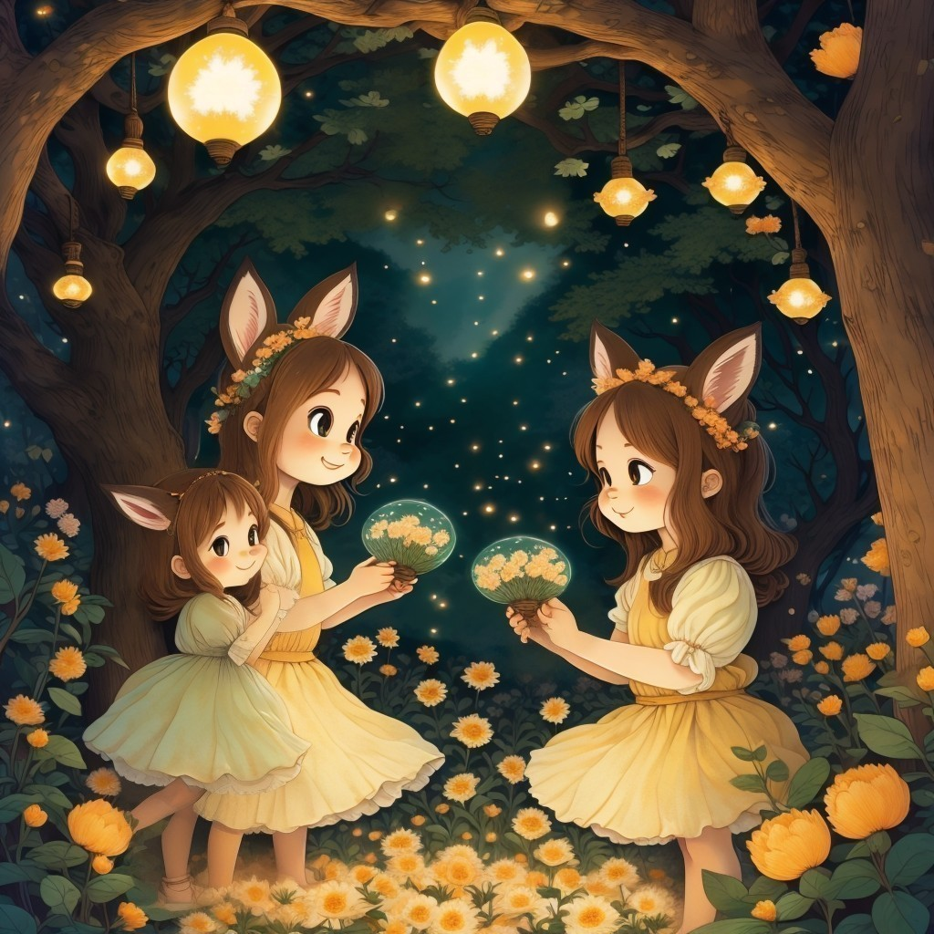 Whimsical Forest Scene with Girls and Glowing Orbs
