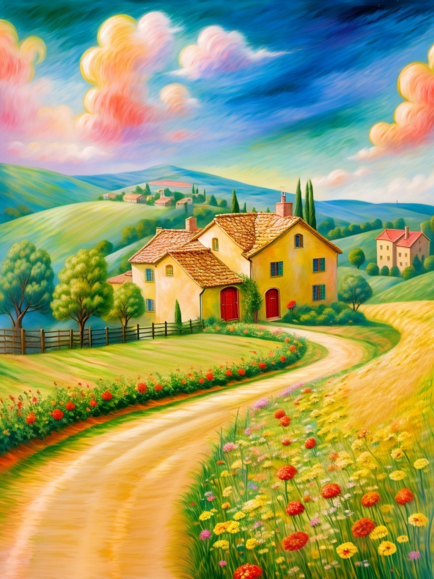 Charming Yellow House in Vibrant Flower Fields