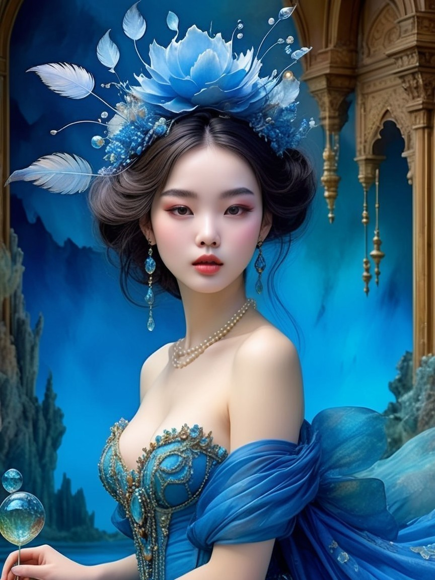 Blue Gown with Intricate Beadwork and Floral Crown
