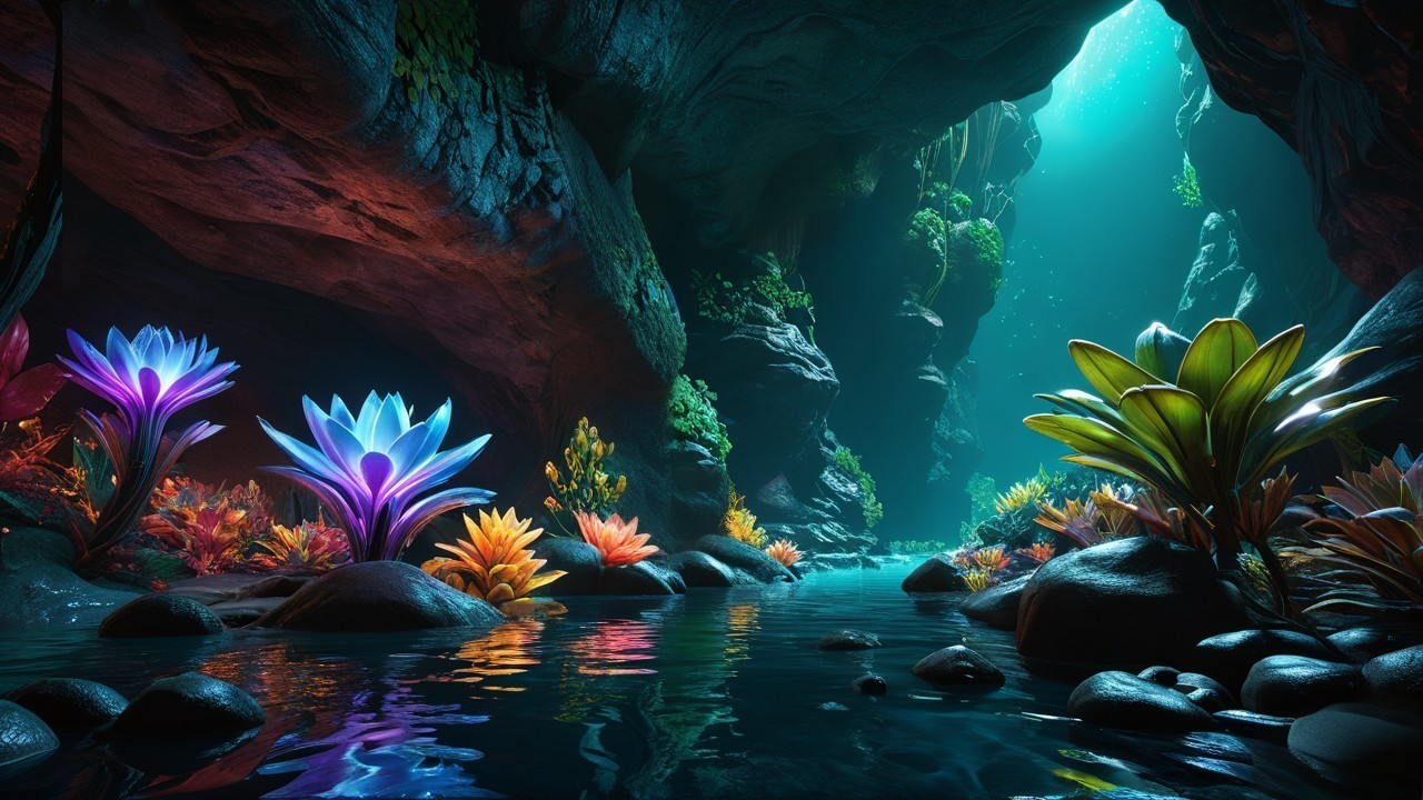Mystical Cave Landscape with Ethereal Light and Flora
