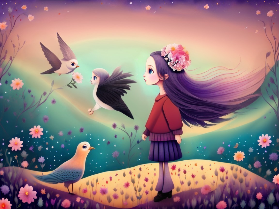 Whimsical Illustration of a Girl in Colorful Landscape