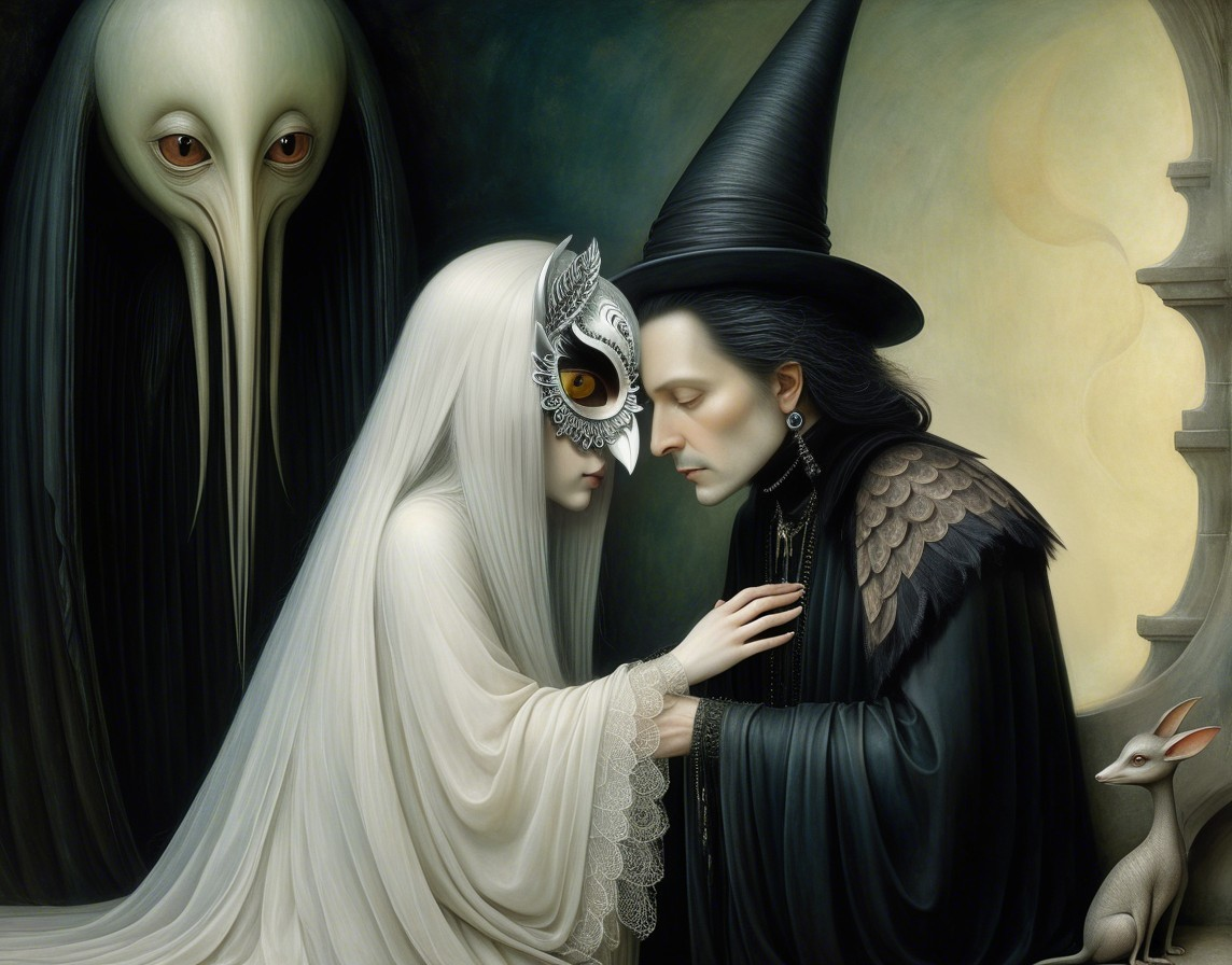Ghostly Bride and Dark Figure in Enchanted Scene