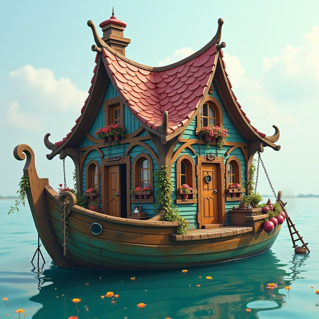 Whimsical Houseboat with Teal Walls and Flower Boxes