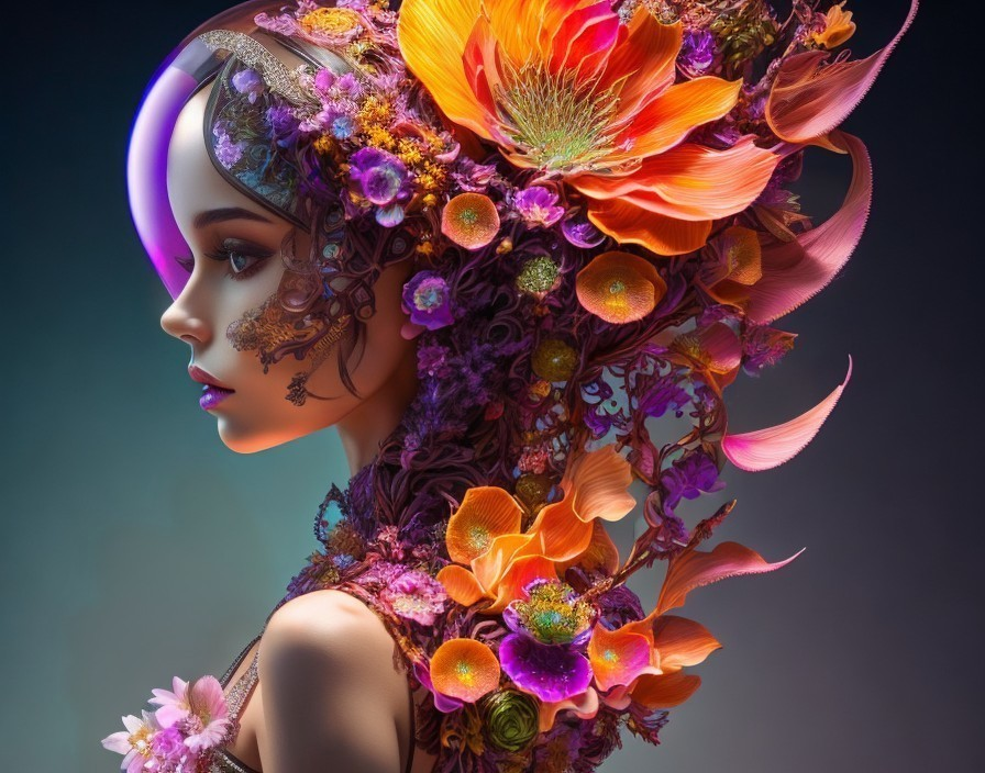 Digital Art of Woman with Purple Hair and Floral Headdress