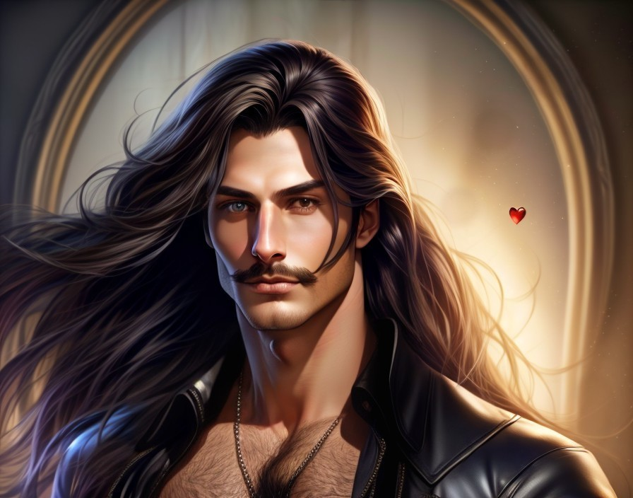 Portrait of a man with long hair and a mustache