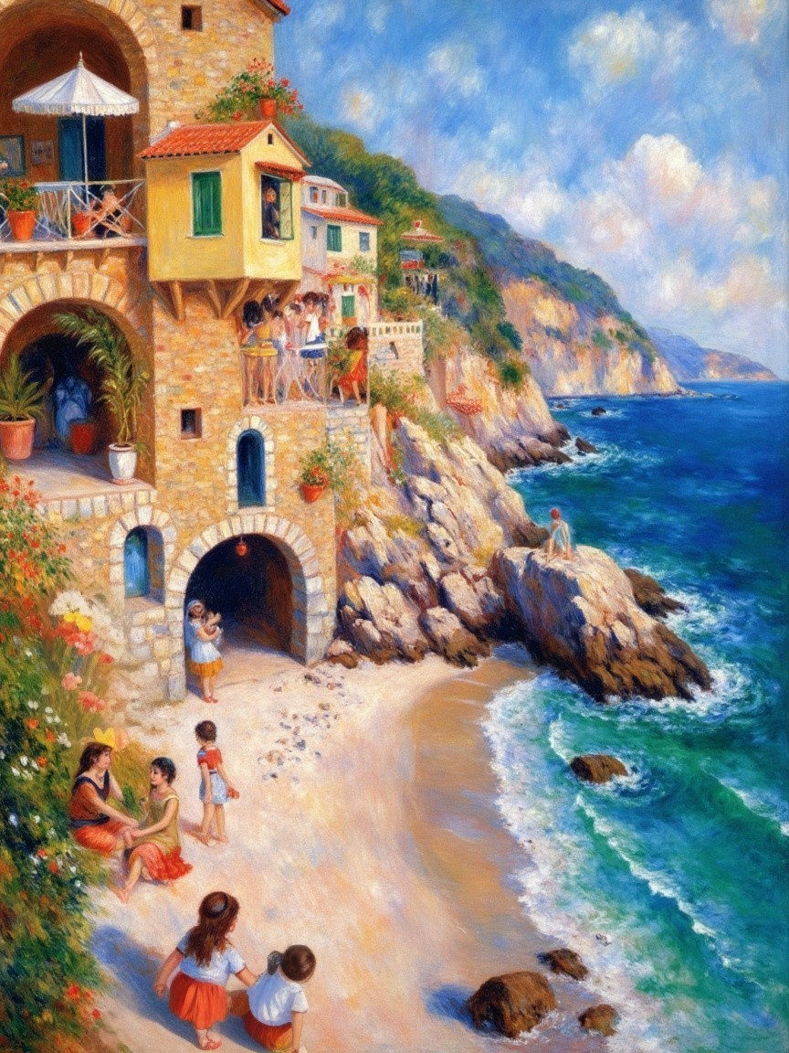 Vibrant Coastal Scene with Stone Houses and Sea