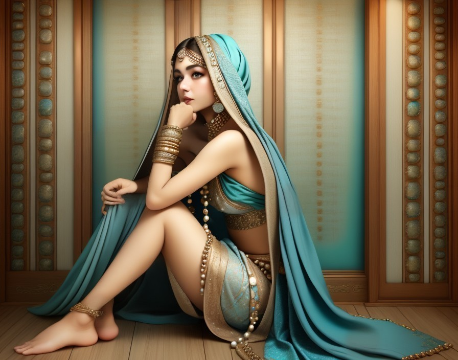 Young woman in turquoise outfit with gold accents