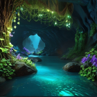 Mystical Cave Scene with Bioluminescent Flora