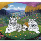 White tigers in a flower-filled meadow landscape